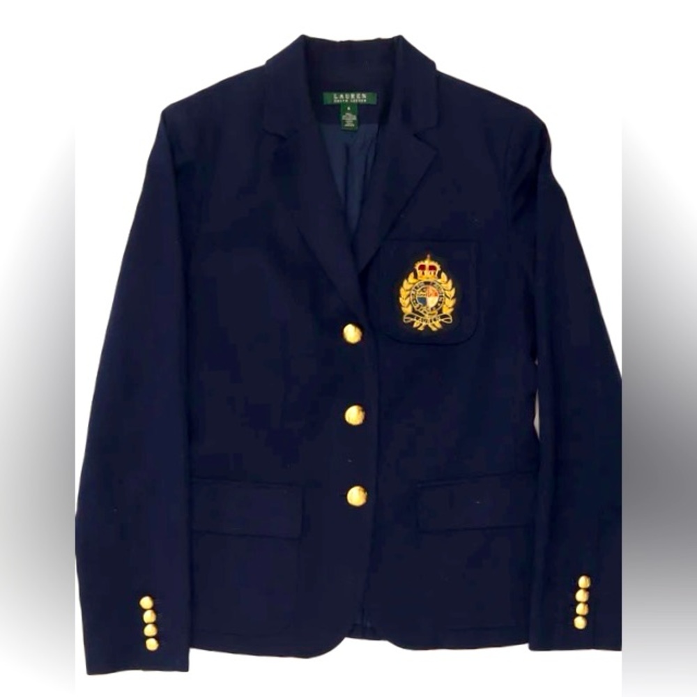 Ralph Lauren Navy Blue Crested Cotton Blazer Sz 2